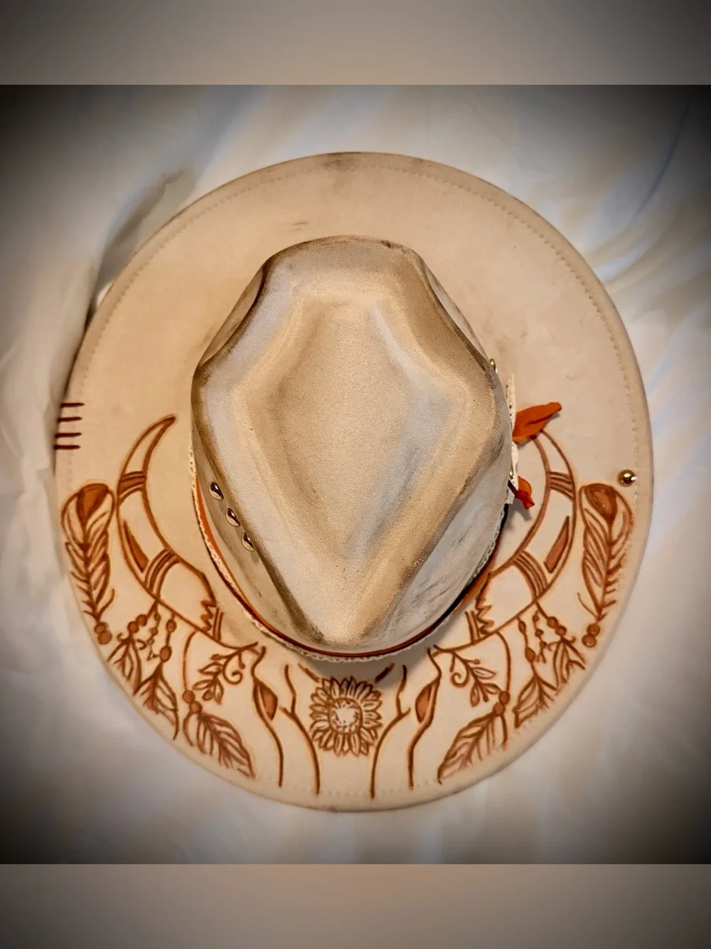 Beige Western Vegan Suede Wide Brim with arrow head crown